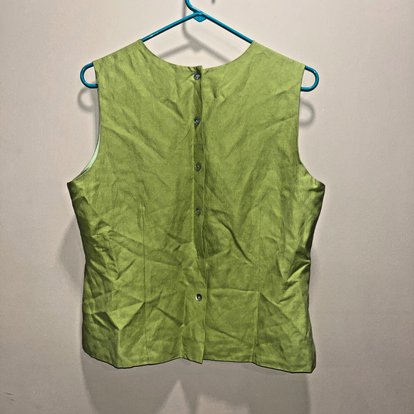 Ann Carson Silk Linen Green Embroidered Floral Tank L Buttons Ethereal Spring - Picture 3 of 10